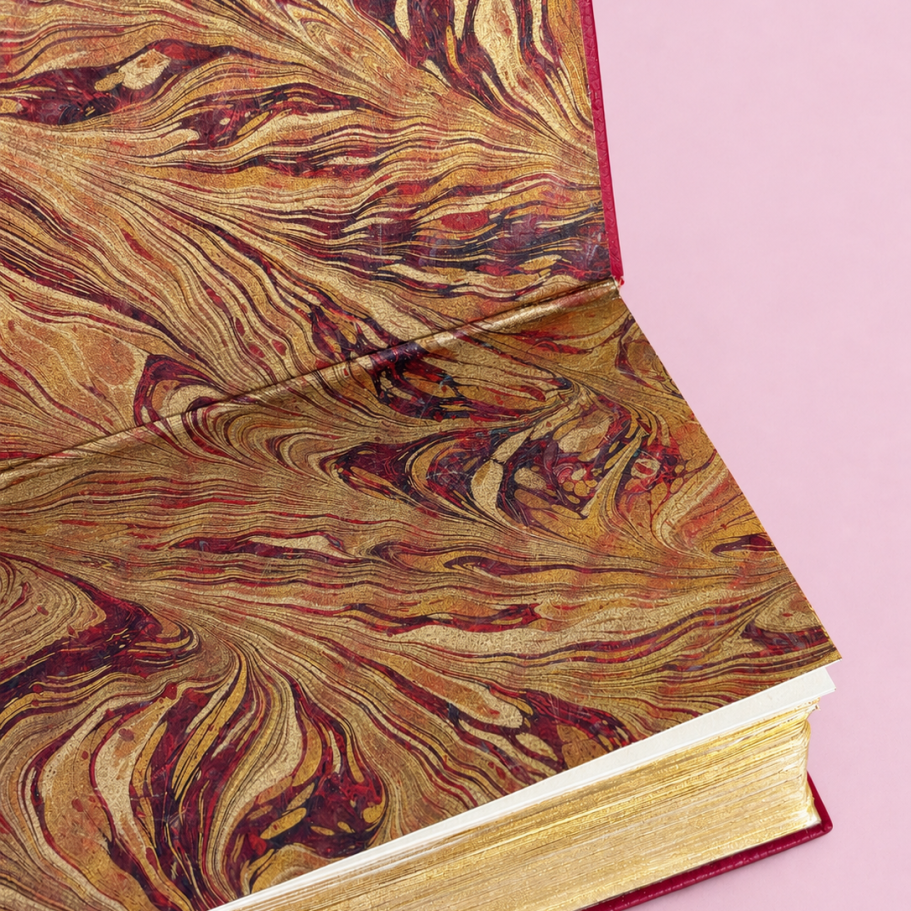 Reliure plein cuir, gardes papier marbré double passage or Reliure traditionnelle